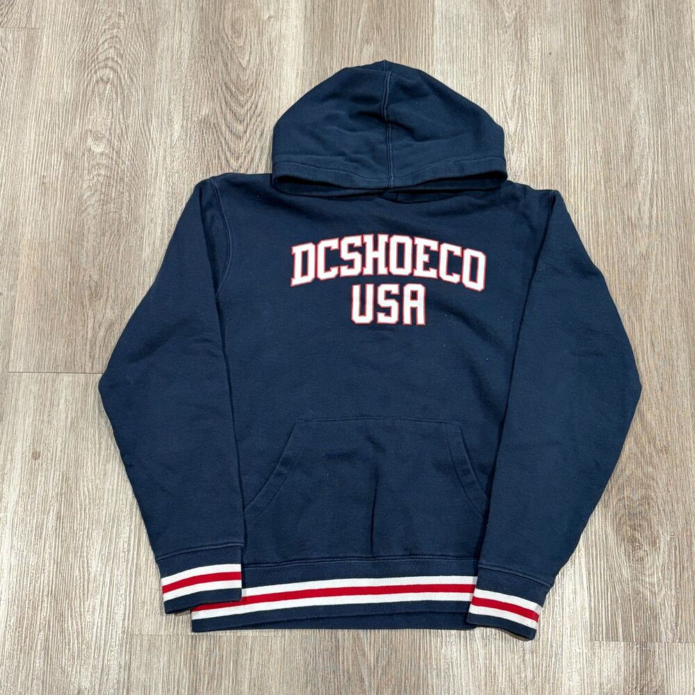Vintage 00s DC Shoe Co USA Y2K Skate Hoodie Navy Red Hype Rare Youth XL Men's S